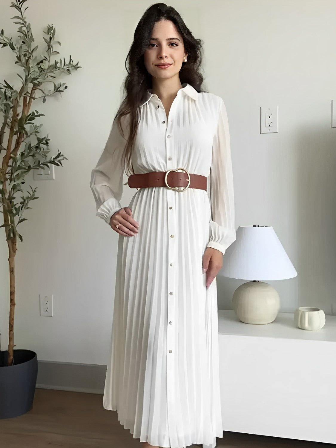 Vestido Femenino Chemise Midi Plisado con Botones - Fleur