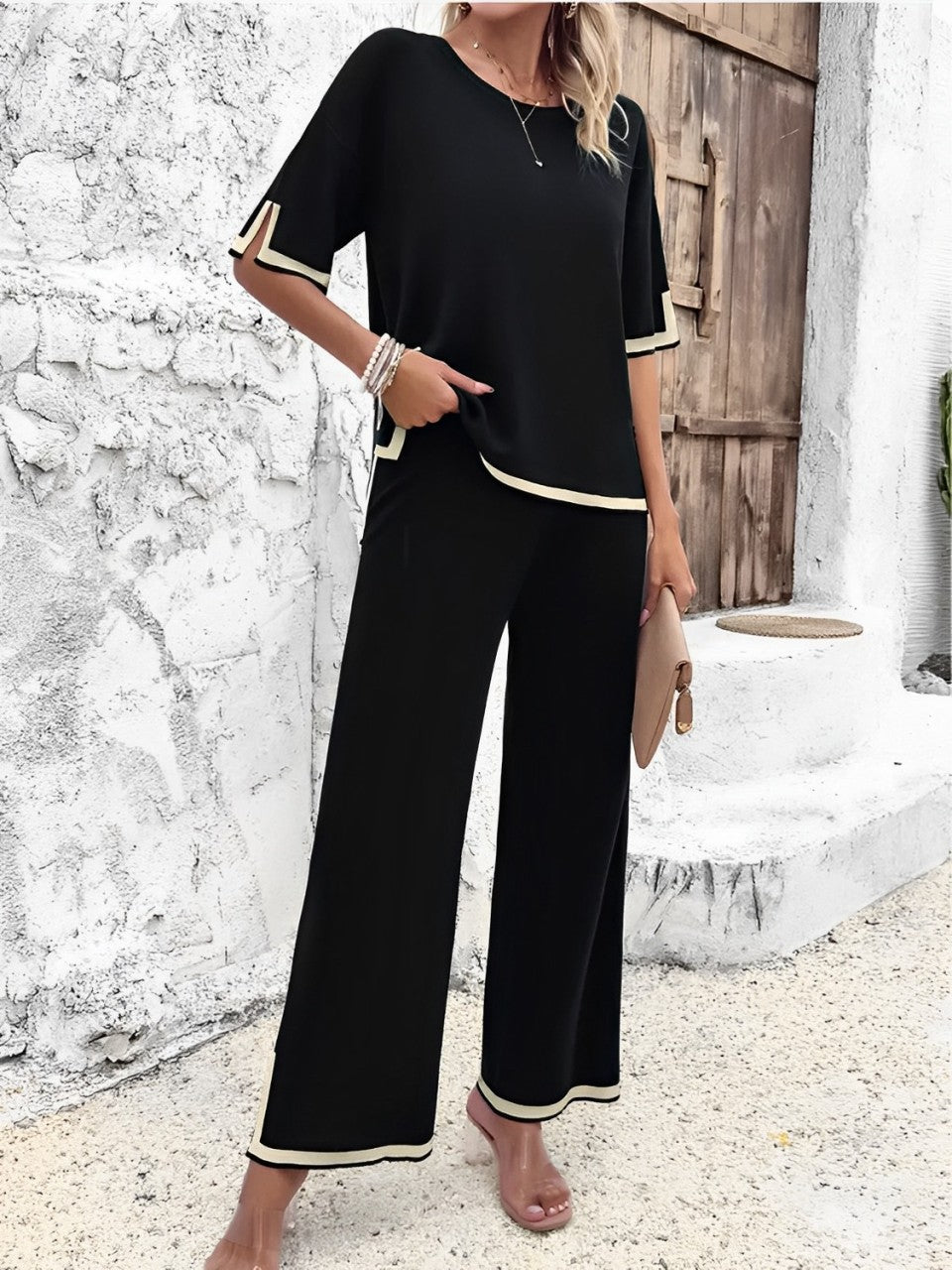 Conjunto Femenino en Viscosa con Blusa Mullet de Manga Corta y Pantalón de Cintura Alta con Abertura en la Barra – Mirtes