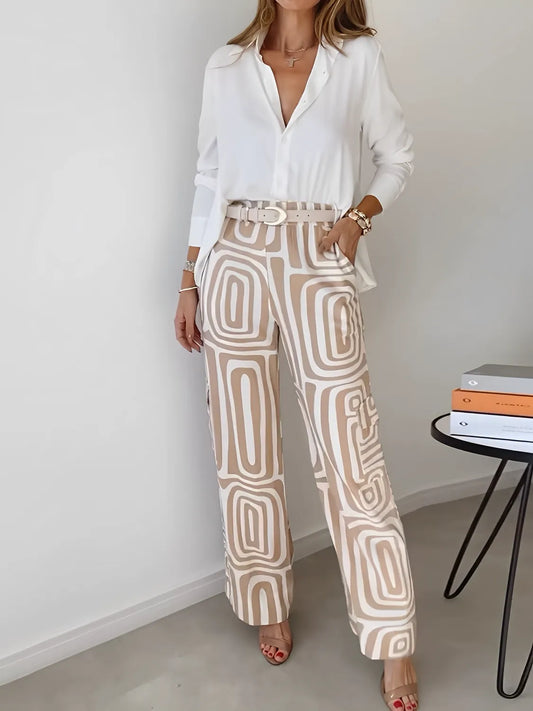 Conjunto Femenino con Camisa de Manga Larga y Pantalón Recto con Estampa Geométrica - Bianca