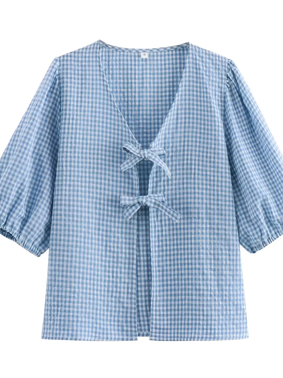 Conjunto Femenino a Cuadros con Blusa de Amarre Frontal y Manga Abullonada y Pantalón Corto con Cintura Elástica - Cassie