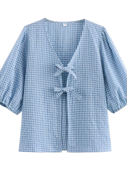 Conjunto Femenino a Cuadros con Blusa de Amarre Frontal y Manga Abullonada y Pantalón Corto con Cintura Elástica - Cassie
