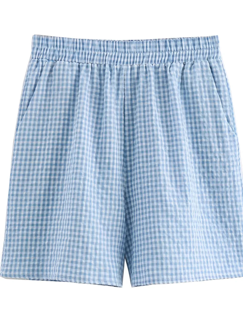 Conjunto Femenino a Cuadros con Blusa de Amarre Frontal y Manga Abullonada y Pantalón Corto con Cintura Elástica - Cassie