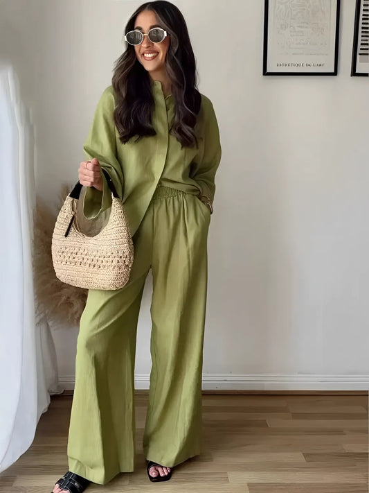 Conjunto Femenino Camisa de Manga Larga con Botones y Pantalón Pantalona - Daniela