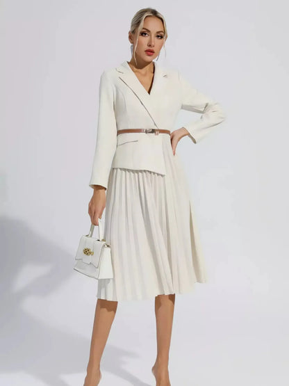 Vestido Femenino de Sastrería Blazer con Falda Plisada y Cinturón - Hana