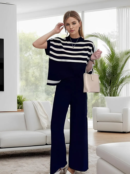 Conjunto Femenino con Blusa de Cuello Alto y Mangas Murciélago y Pantalón con Cintura Elástica - Alessia