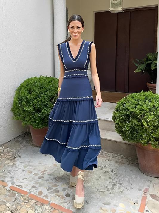Vestido Femenino Boho Midi con Volantes y Escote en V - Amara