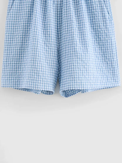 Conjunto Femenino a Cuadros con Blusa de Amarre Frontal y Manga Abullonada y Pantalón Corto con Cintura Elástica - Cassie