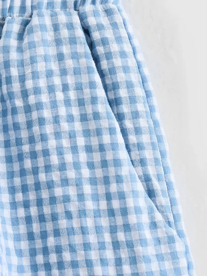 Conjunto Femenino a Cuadros con Blusa de Amarre Frontal y Manga Abullonada y Pantalón Corto con Cintura Elástica - Cassie