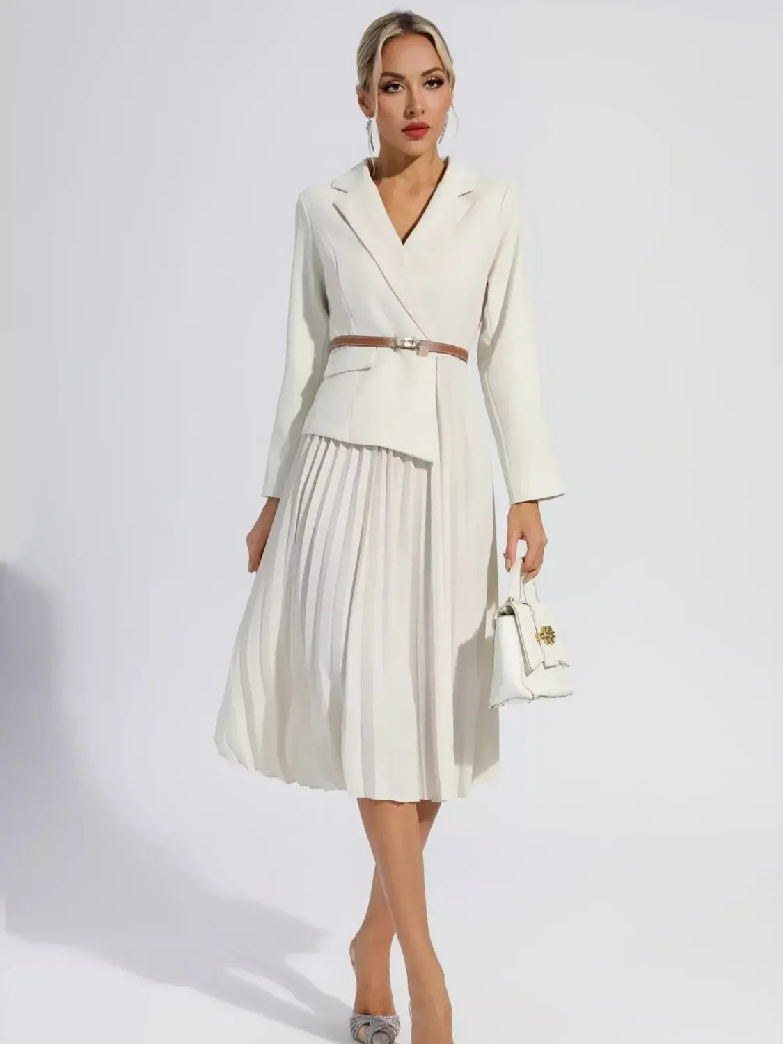 Vestido Femenino de Sastrería Blazer con Falda Plisada y Cinturón - Hana