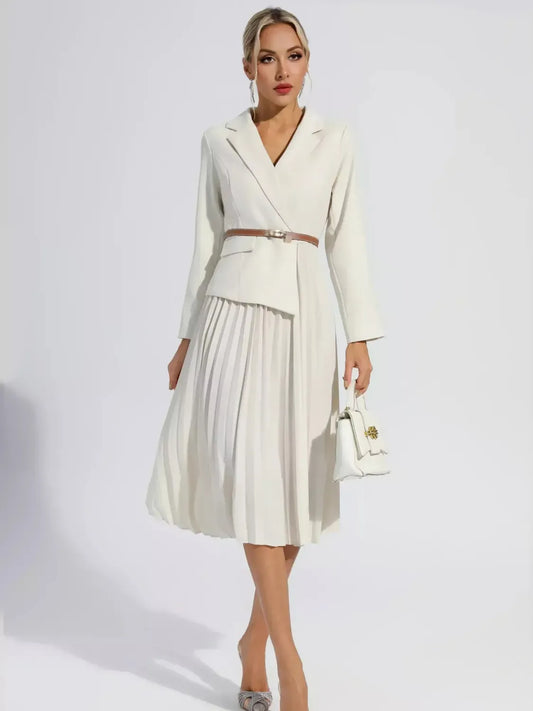 Vestido Femenino de Sastrería Blazer con Falda Plisada y Cinturón - Hana