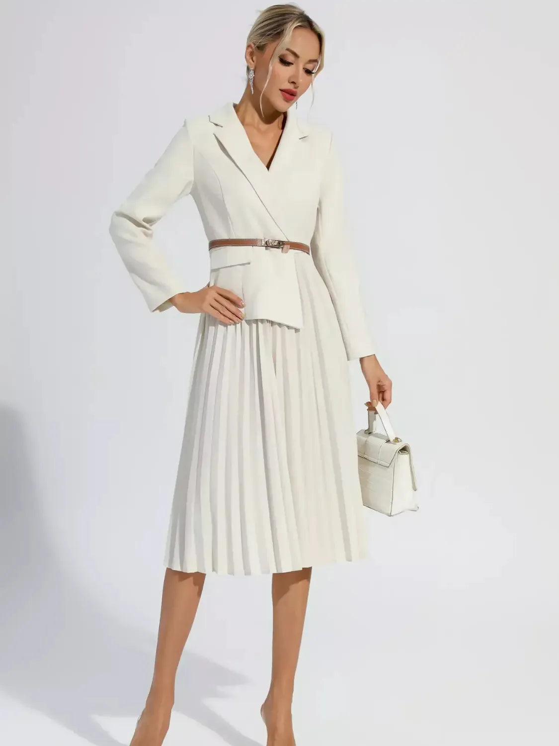 Vestido Femenino de Sastrería Blazer con Falda Plisada y Cinturón - Hana