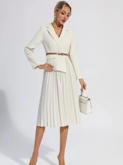 Vestido Femenino de Sastrería Blazer con Falda Plisada y Cinturón - Hana