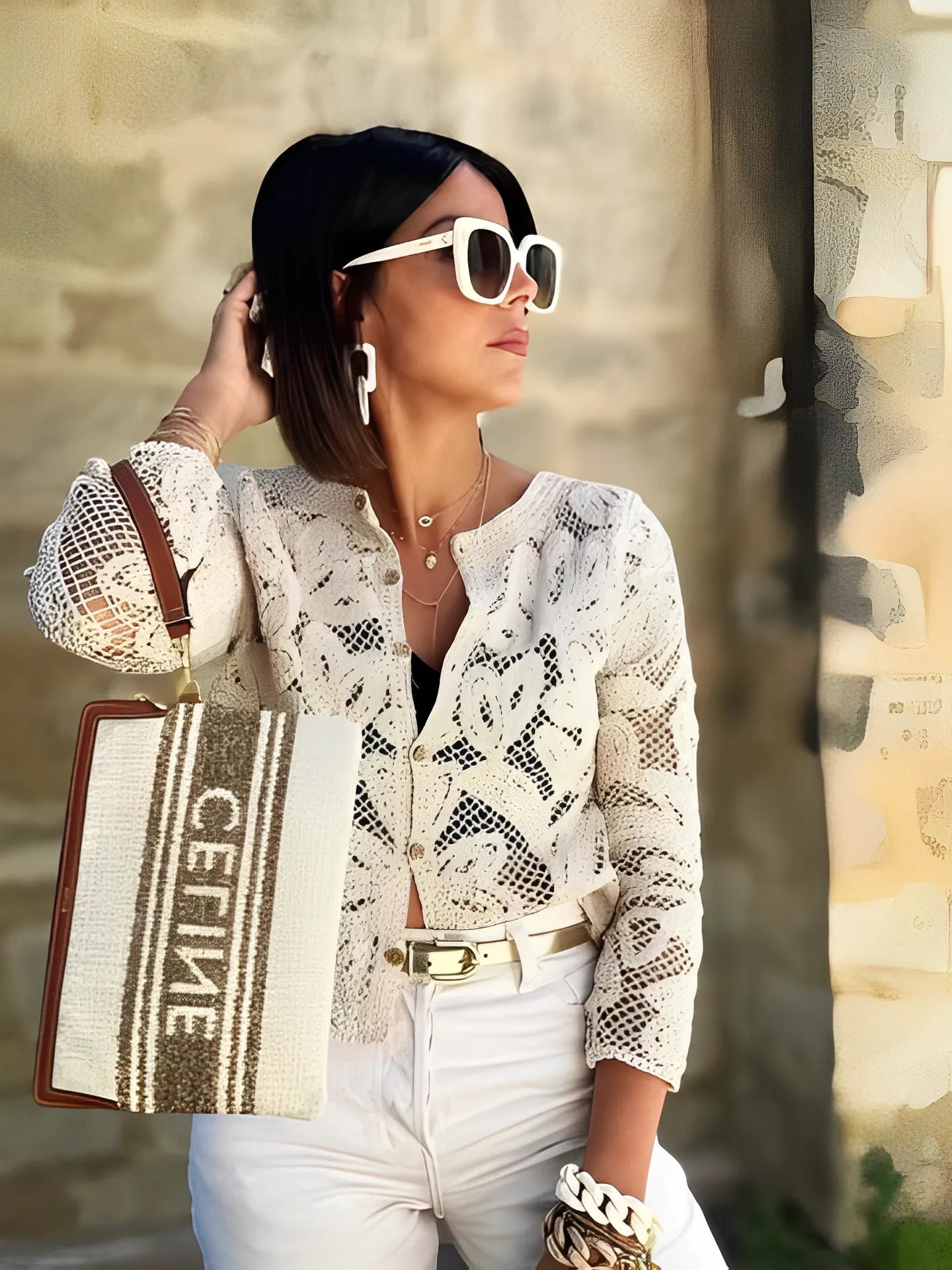 Camisa Femenina de Crochet con Abertura Frontal y Mangas Largas - Alice