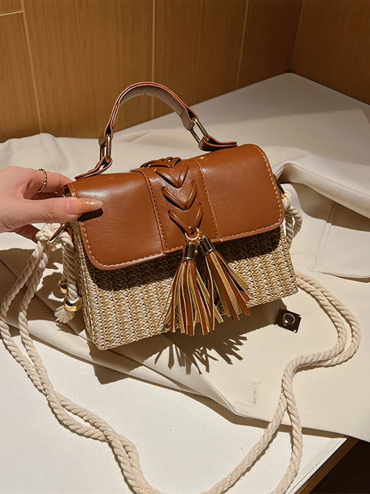 Bolsa Femenina Transversal de Paja y Cuero con Asa de Cuerda - Melissa