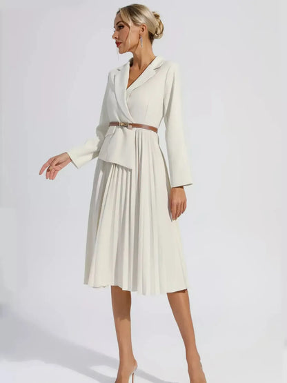 Vestido Femenino de Sastrería Blazer con Falda Plisada y Cinturón - Hana