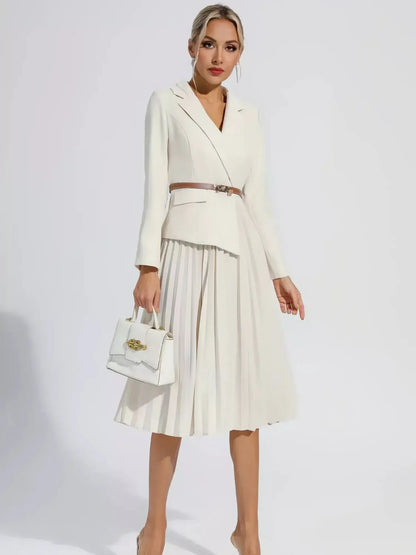 Vestido Femenino de Sastrería Blazer con Falda Plisada y Cinturón - Hana