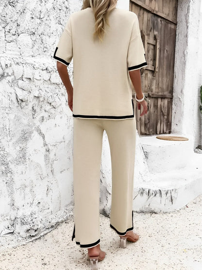 Conjunto Femenino en Viscosa con Blusa Mullet de Manga Corta y Pantalón de Cintura Alta con Abertura en la Barra – Mirtes