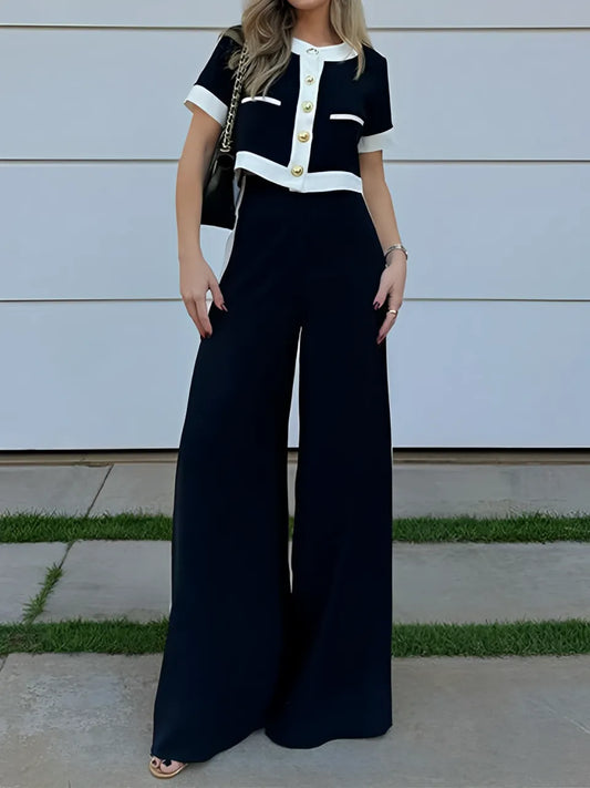Conjunto Femenino Cómodo con Blusa Cropped con Botones y Pantalón de Cintura Alta - Victoria