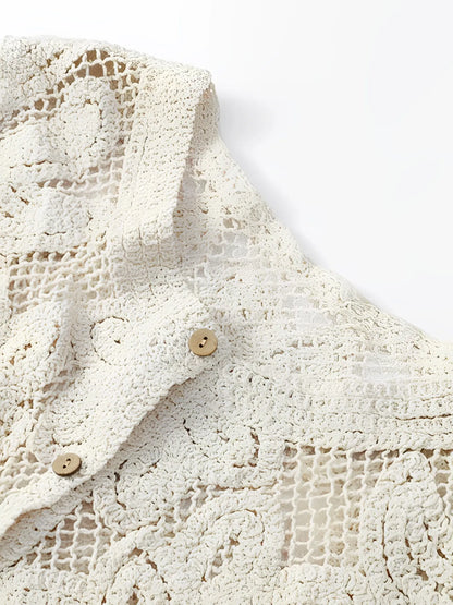 Camisa Femenina de Crochet con Abertura Frontal y Mangas Largas - Alice