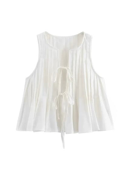 Conjunto Femenino con Blusa de Amarre Frontal Plisada y Falda Larga con Cremallera - Evie
