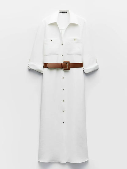 Vestido Femenino Chemise con Escote en V y Abertura Frontal en Botones - Alexandra