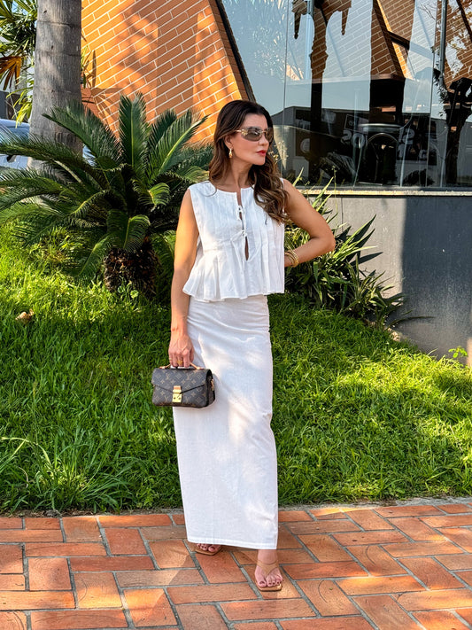 Conjunto Femenino con Blusa de Amarre Frontal Plisada y Falda Larga con Cremallera - Evie